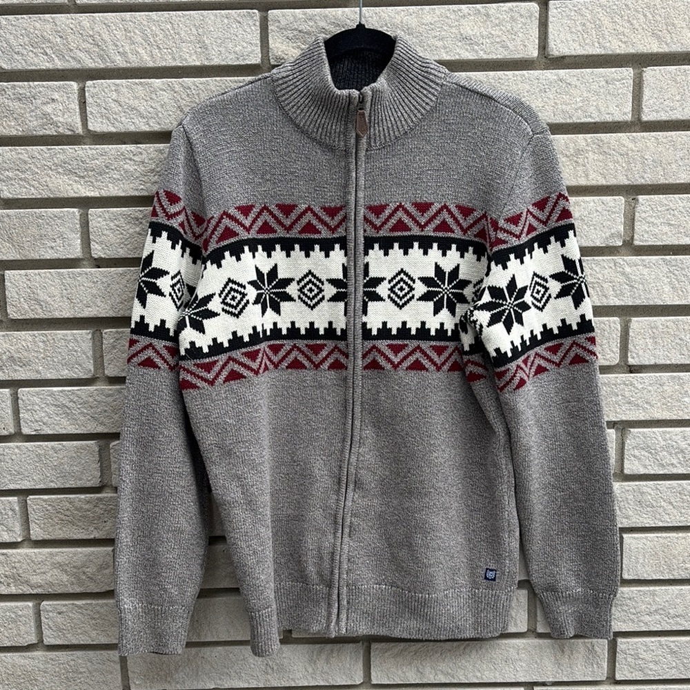 Chaps Grey Fair Isle Full Zip Sweater SzM